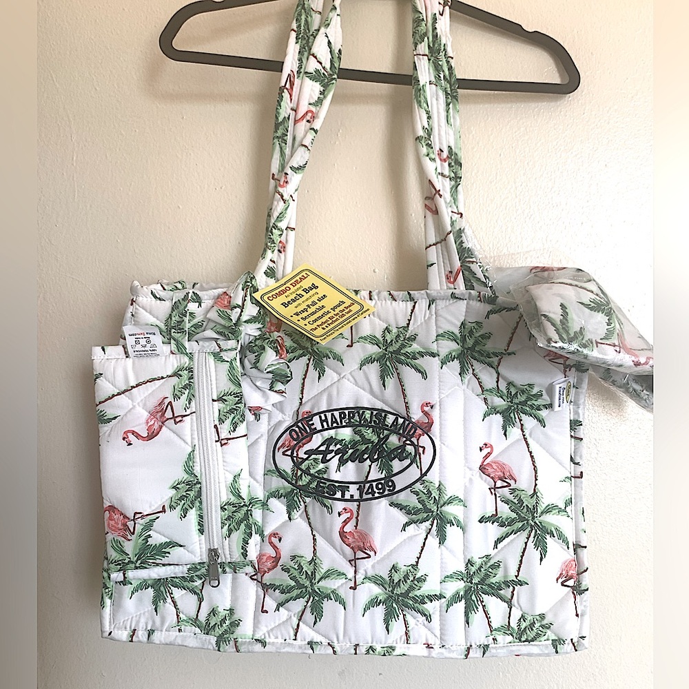 RIMA ARUBA Hand-Painted Beach 4 PIECE Tote Bag- WHT/PINK/GREEN